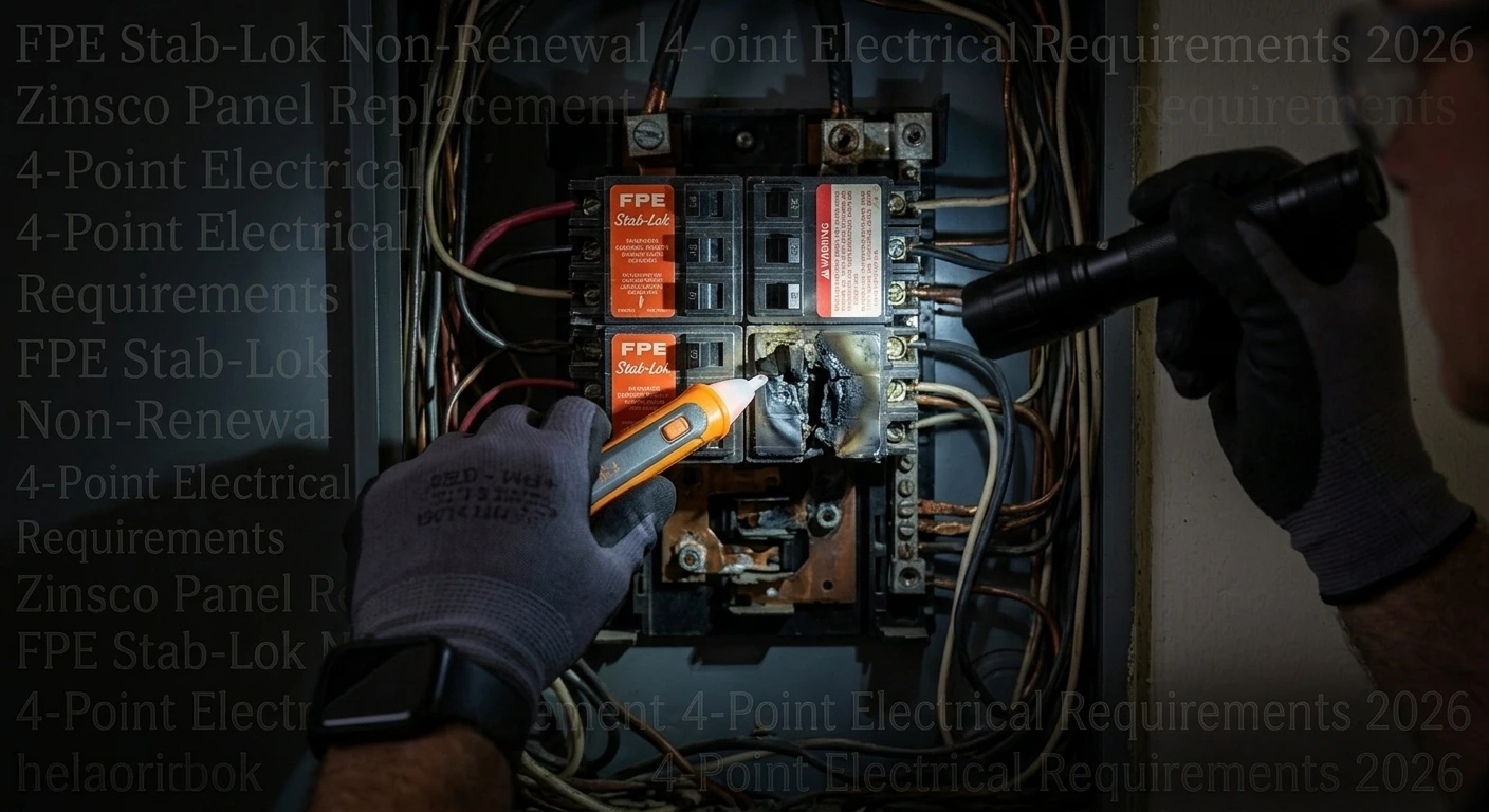 Licensed electrician inspecting residential electrical service panel during a 4-point inspection in Florida