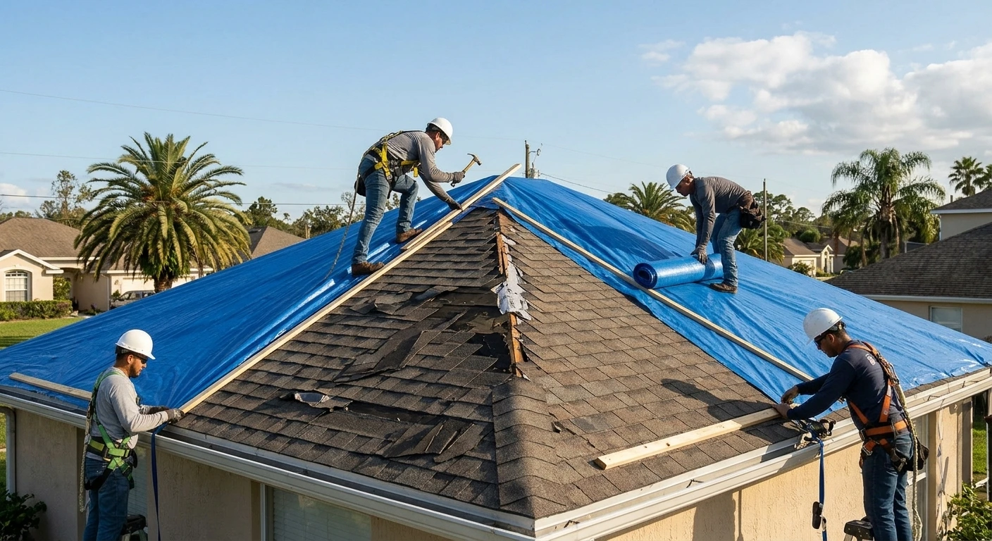 Professional roofing contractors securing a heavy blue emergency tarp with wooden furring strips on a damaged Florida home