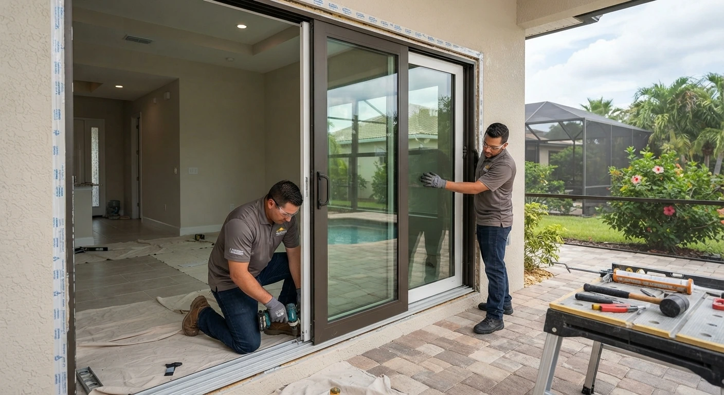Professional installation of impact-resistant sliding glass doors on a Florida home, showcasing reinforced frames and multi-point locking systems