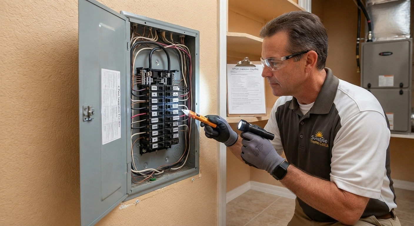Certified home inspector examining a residential electrical panel and circuit breakers during a Florida 4-point insurance inspection