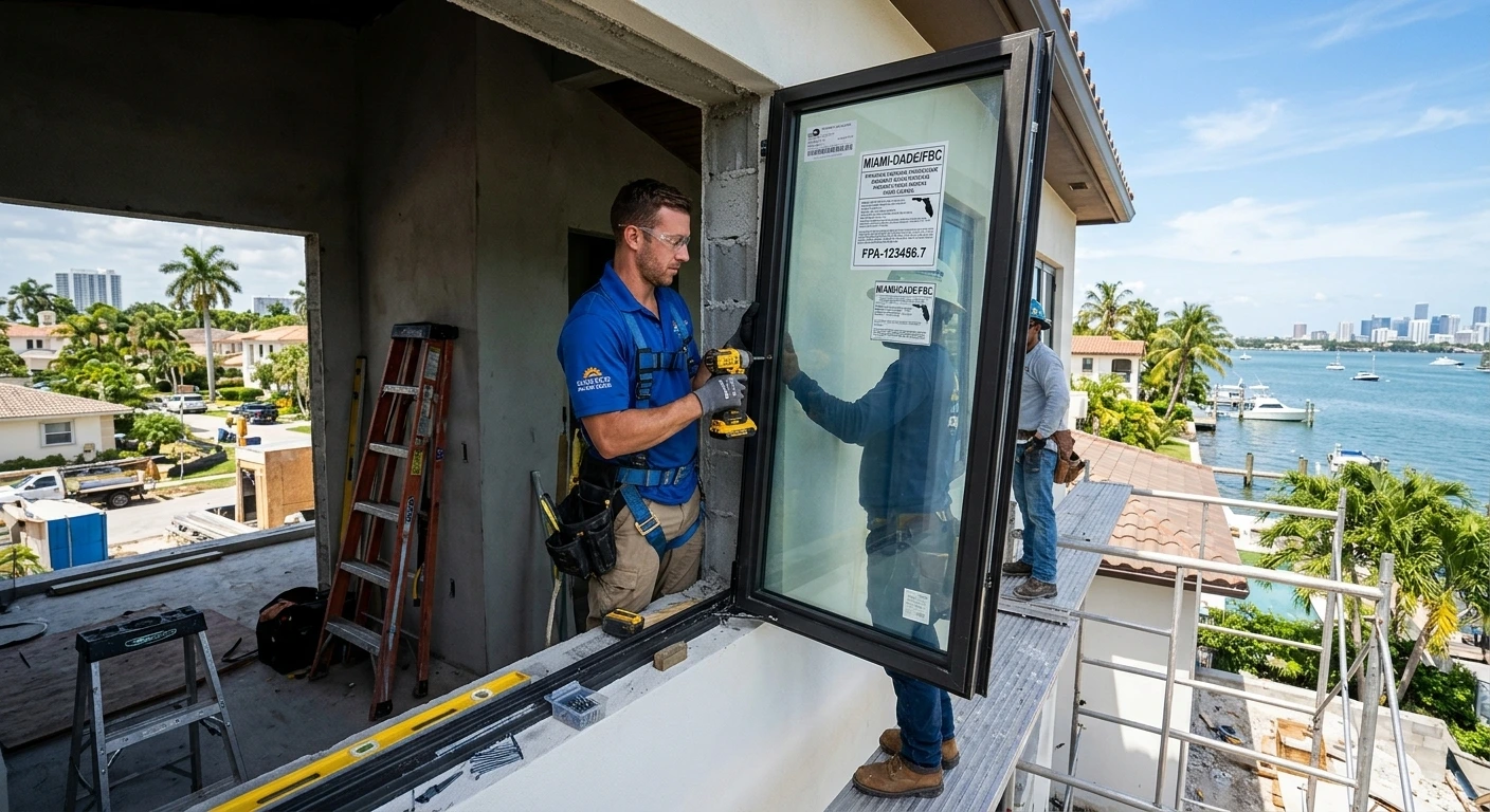 Licensed Florida contractor installing building code compliant impact window in a coastal home