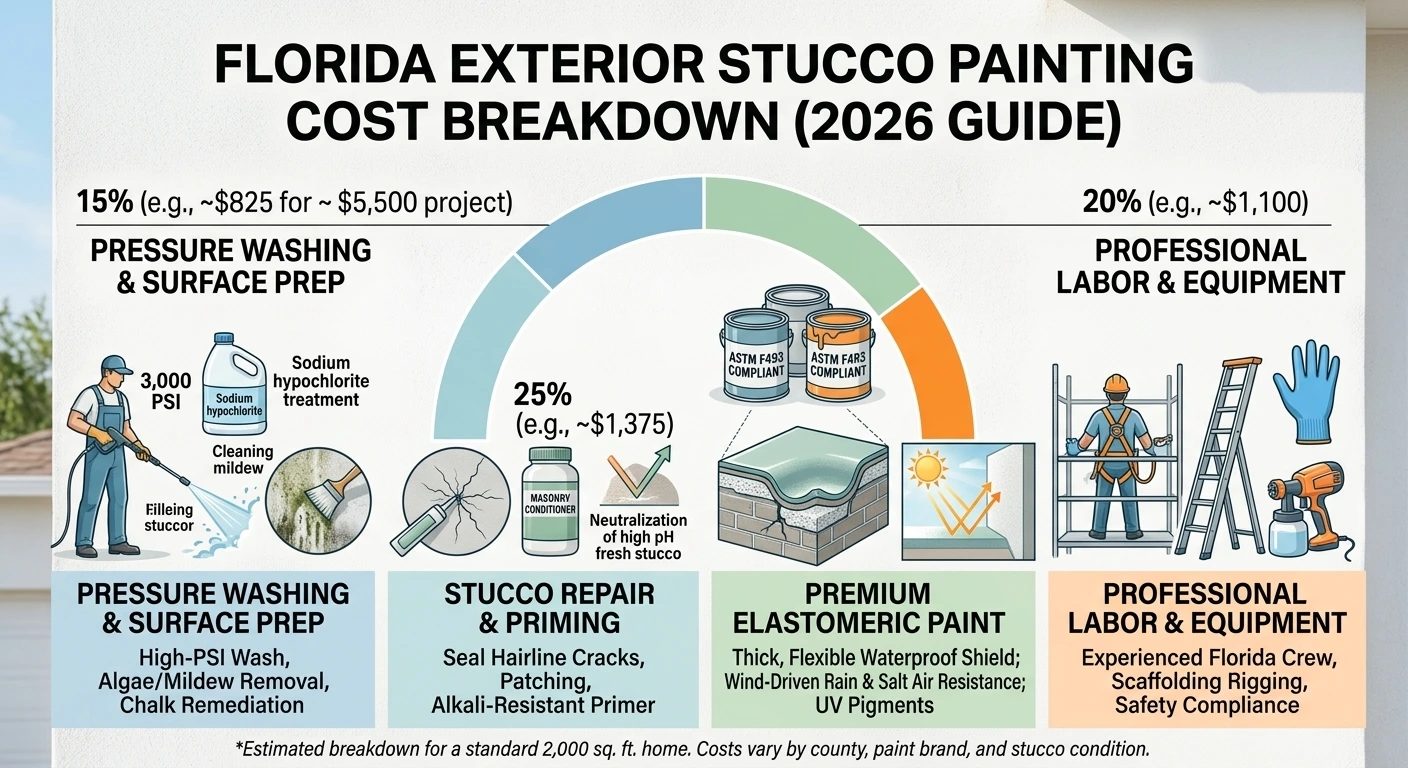 Cost breakdown breakdown graphic for a Florida exterior house painting project including surface prep, stucco repair, elastomeric paint, and labor