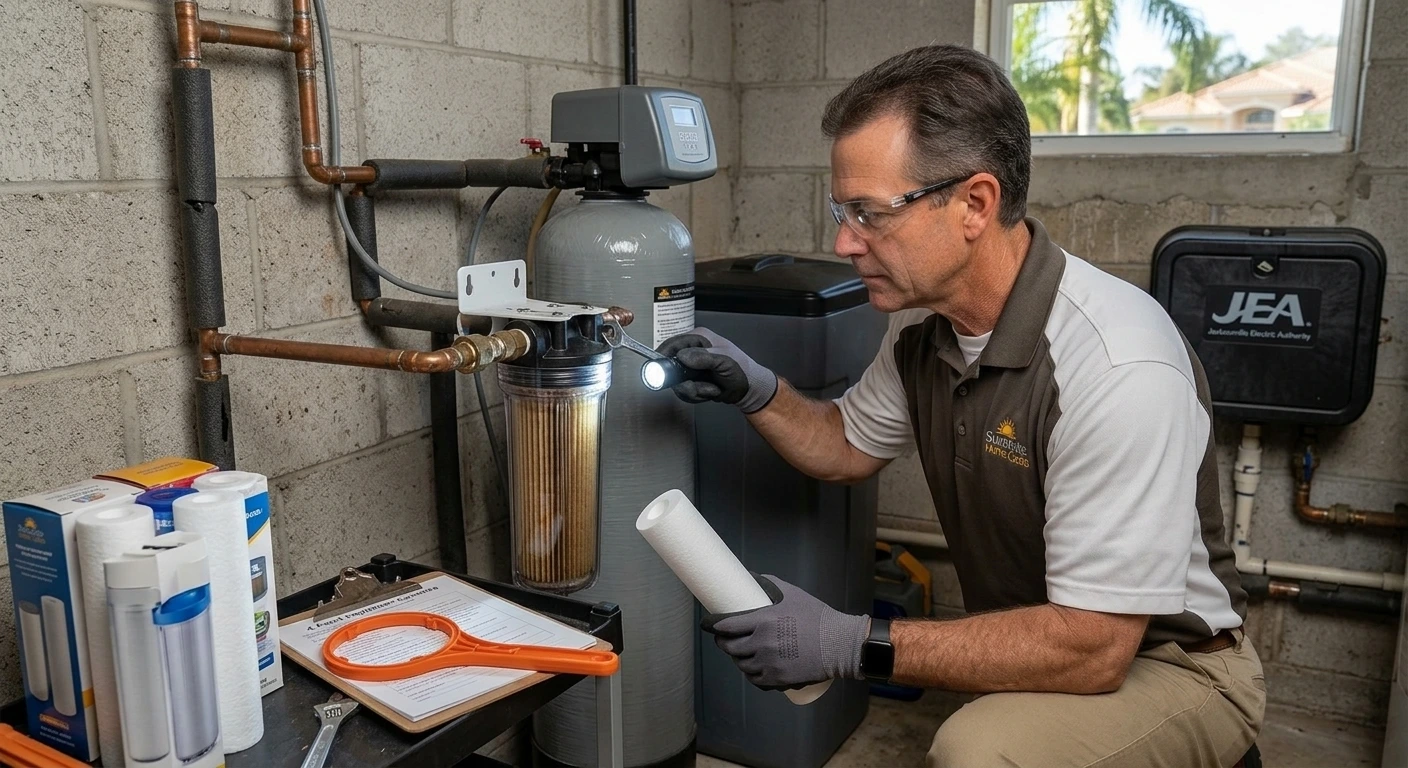 Licensed technician inspecting a whole-house sediment pre-filter and water softener system in a Florida utility room