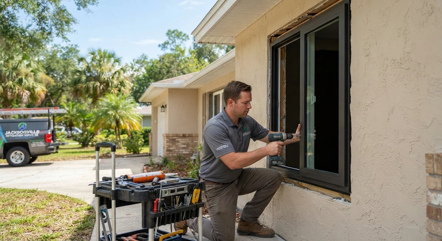 Licensed contractor installing impact-rated windows on a residential home in Jacksonville, Florida