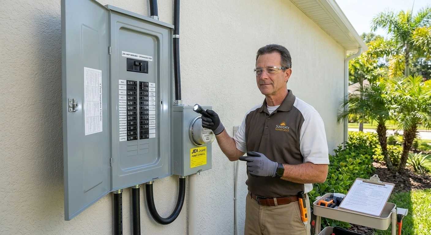 Newly installed 200-amp residential electrical breaker panel with clean wiring in Florida
