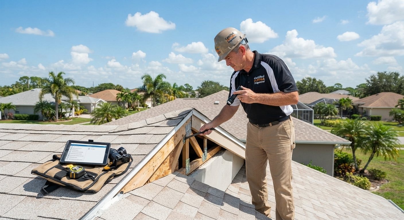 Licensed inspector performing a wind mitigation evaluation for the My Safe Florida Home program on a Florida residence