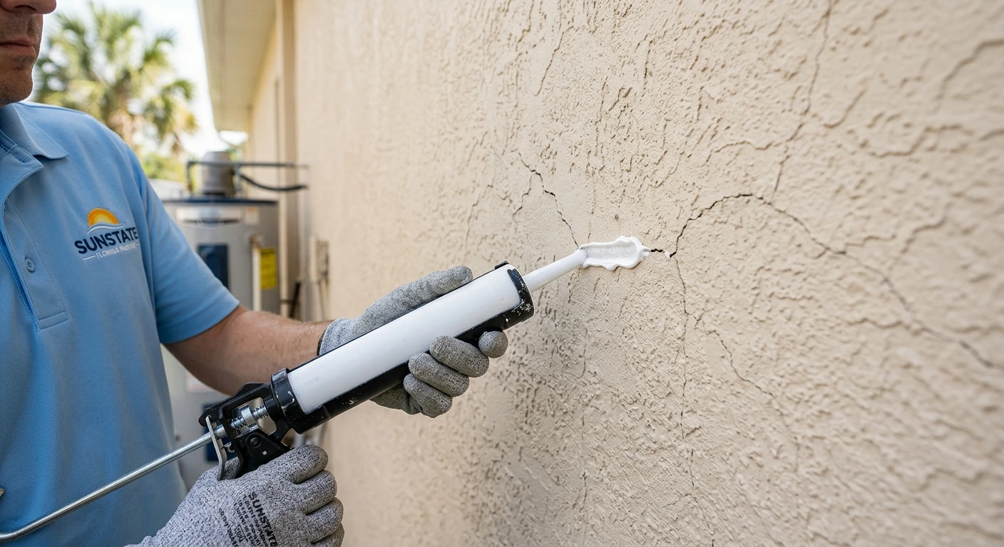 Close-up photograph of a painter applying flexible elastomeric caulk to hairline cracks on a textured Florida stucco exterior wall