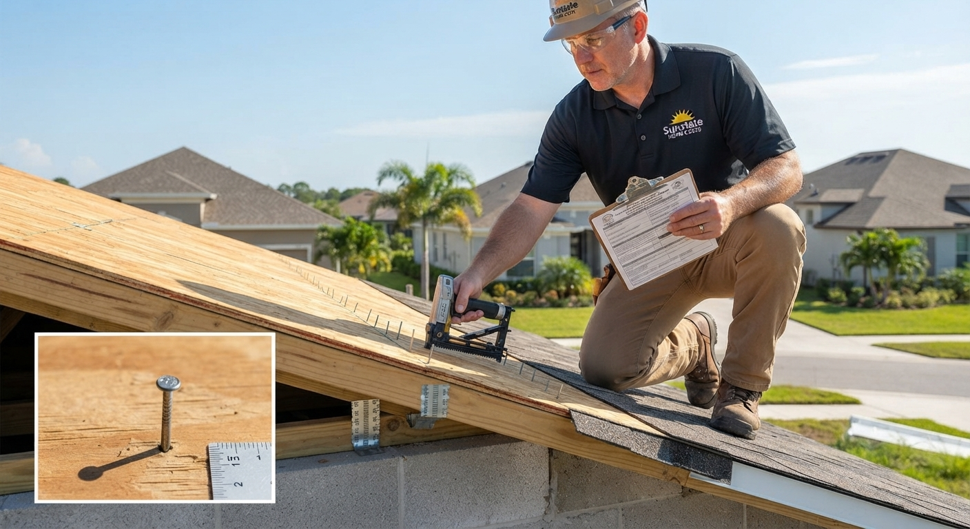 Licensed home inspector evaluating roof-to-wall clips, nail spacing, and roof deck attachments for Florida wind mitigation insurance compliance